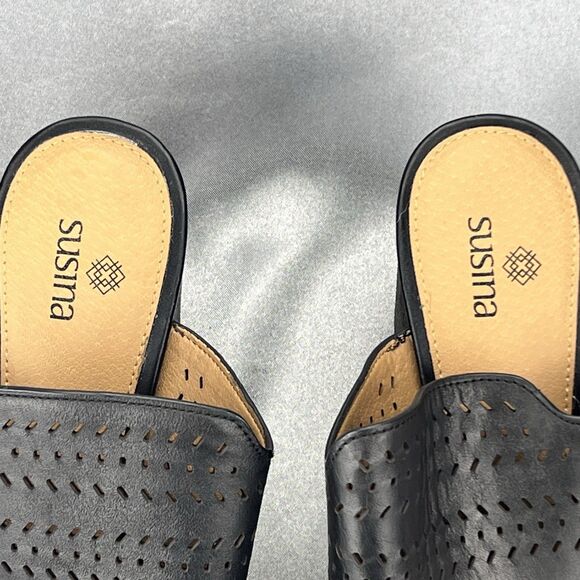 Susina Heel Women's 7.5 Danella Mules‎ Black Perforated Laser Cut Block Sandals - Picture 13 of 14